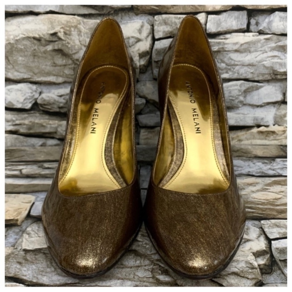 #07 Antonio Melani Stiletto Gold Black Leather Heels Pumps Shoe Women’s 6 Brazil - Picture 3 of 7